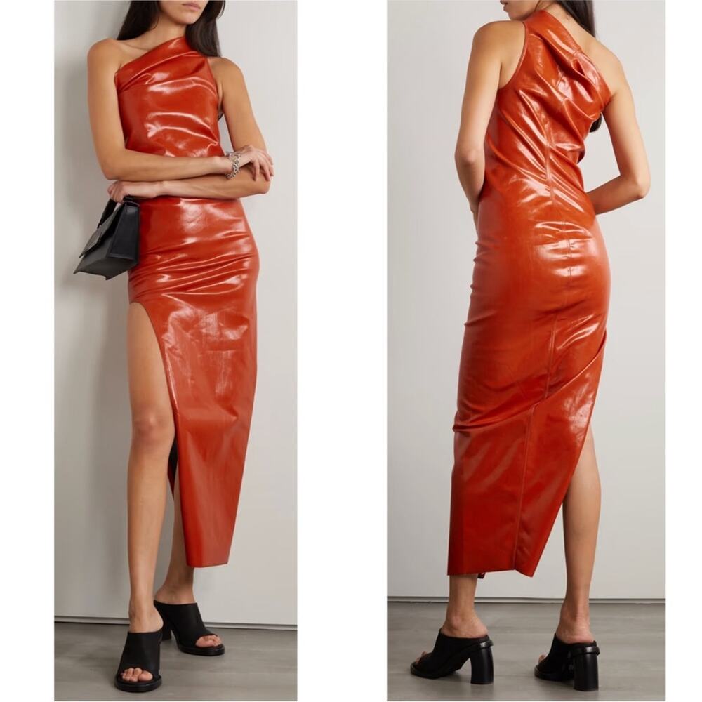 RICK OWENS Athena One Shoulder Coated Denim Bodycon Orange Midi Dress Size 6